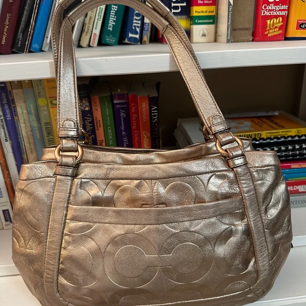 Coach Metallic Rose Gold Signature Leather Shoulder Tote